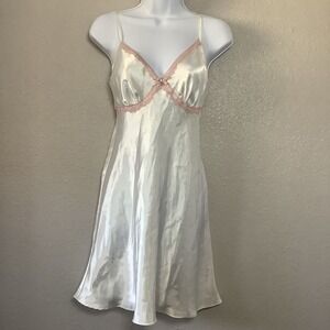 Vintage Y2K White Pink Coquette Feminine Romantic Satin Lace Bow Slip Dress M‎